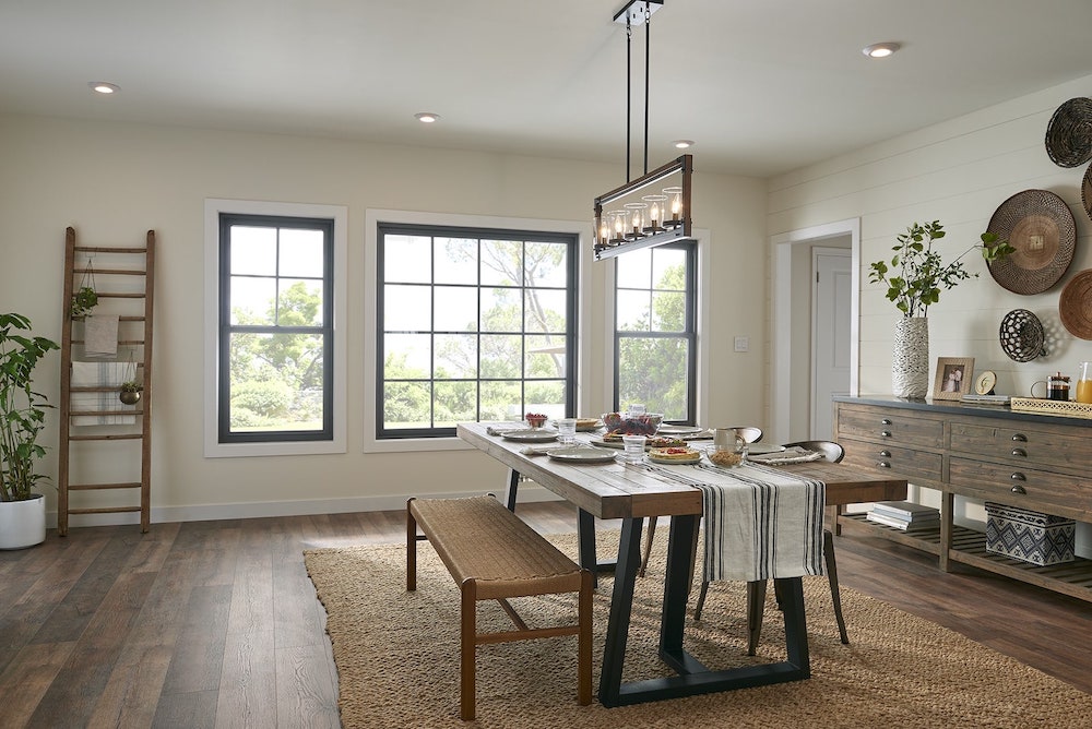 Living room with single hung windows