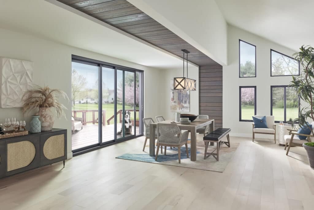 Custom shape windows from Window World with black frames.