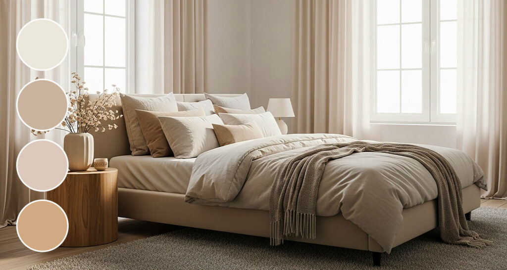 A plush bedroom in warm neutral colors